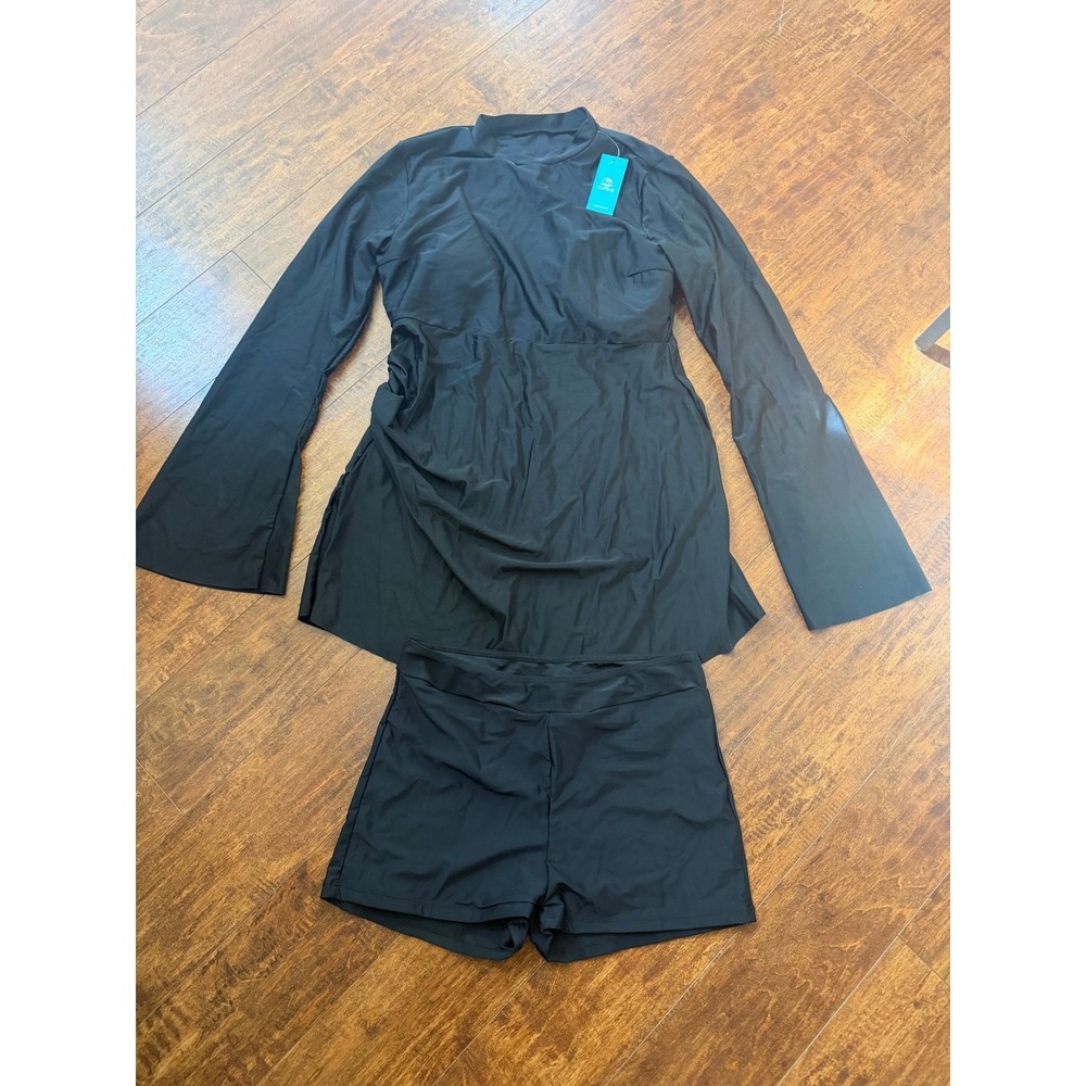 Cupshe Womens Black Long Sleeve Rash Guard Swim Dress and Shorts Set XL NWT